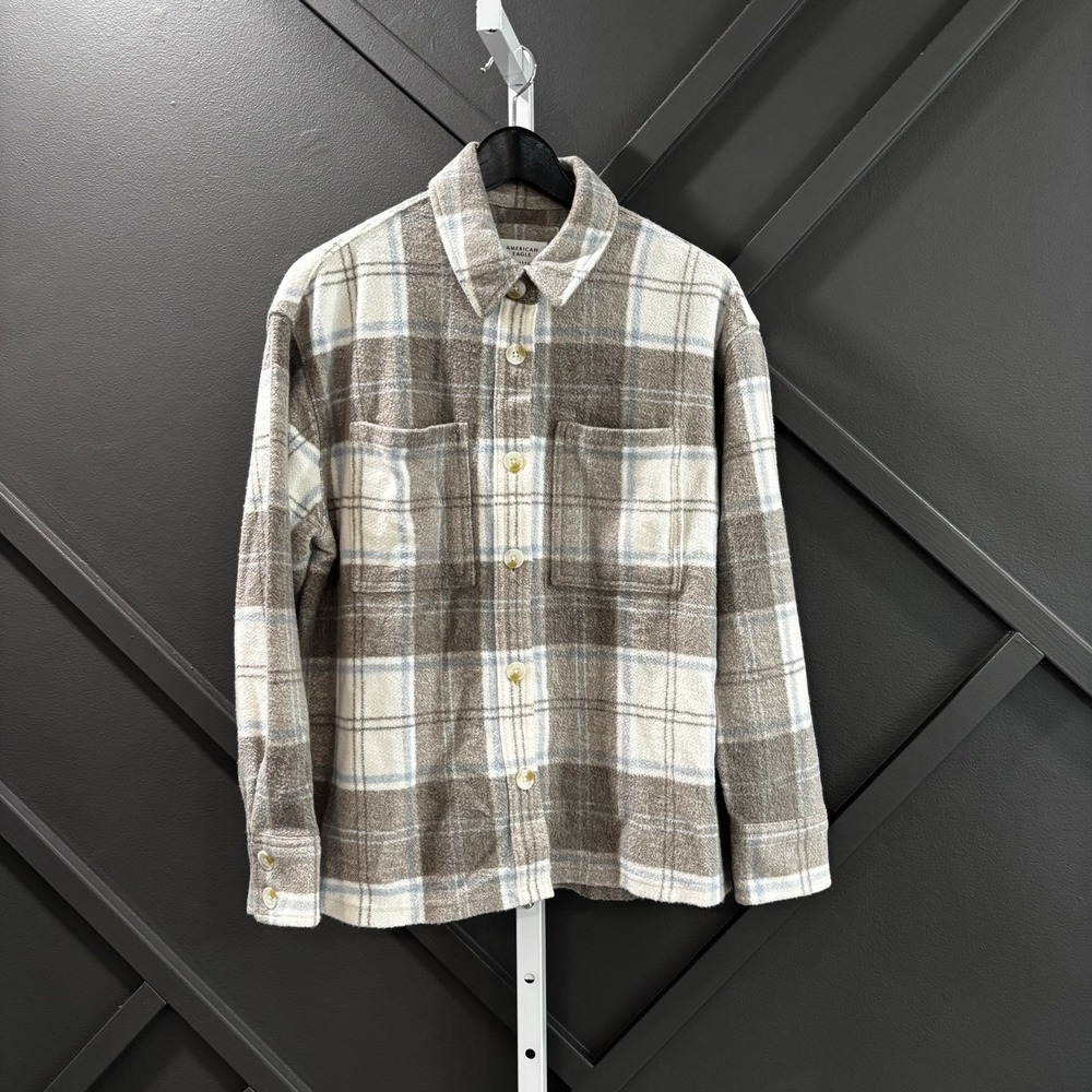 American Eagle Brown Cream Blue Plaid Button Front Shirt Jacket Shacket Size SP